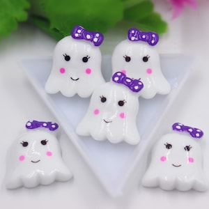 Ghost Flat Backs, Cabochons, Halloween Girl Ghost W/ Bow Resin Flat Backs, 5 Pcs. Flatback, Hair Bow Centers, DIY Crafts, D4