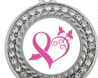 Rhinestone Breast Cancer Awareness Charm: Pink Heart Survivor Pendant (24mm)
