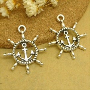 Helm - Anchor in center of charm, 10 pcs antique silver zinc alloy metal charms, Pirate captain wheel, Sailboat, Yacht, Cruise ships,  3982
