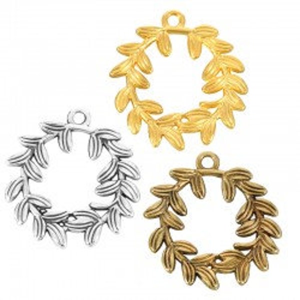 Laurel Wreath Charms, 2 pc., Victory, Success, Achievement Symbol, Olive Branch, Antique Silver, Gold or Antique Gold Pendant 3997 3998 3999