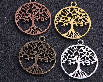 May include: Four metal tree of life charms in different finishes: copper, gold, bronze, and silver. Each charm is round and features a detailed tree design with intricate branches and roots.
