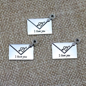 5 peças. Pingente de envelope I LOVE YOU, amuletos de palavras, dia dos namorados, carta de amor, coração com flecha, cupido, admirador secreto, com todo meu amor