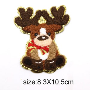 Reindeer w/ red bow around neck , Chenille Embroidered Patch, 1 pc large holiday Iron on, DIY Applique, Sewing Badges, Cartoon cute animal