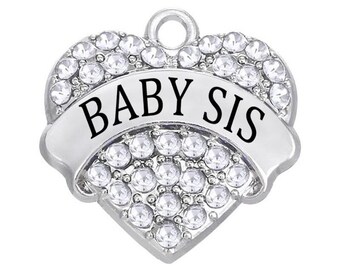 Baby Sis Rhinestone Heart Charm: Sibling Jewelry (24mm)