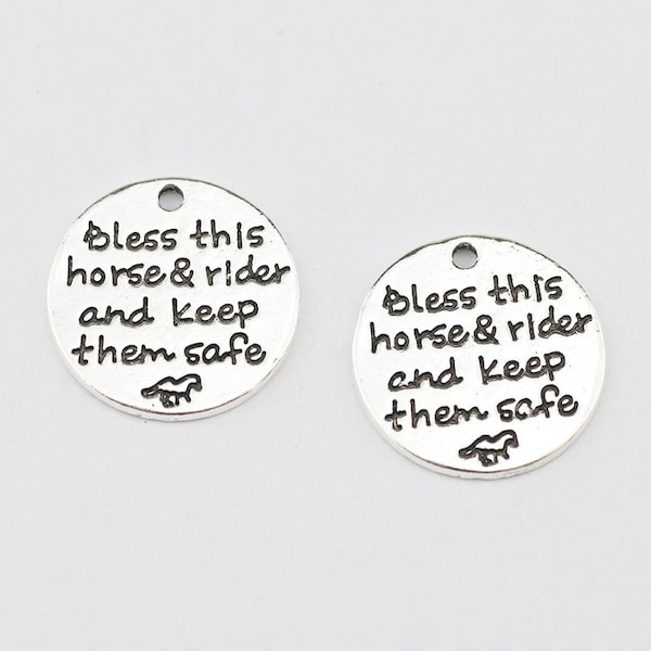 4 pcs. Bless This Horse & Rider and Keep Them Safe Round Charms, Quote Word, Horseback Riding, Rancher, Rodeo, Cowboy, Cowgirl, Western 3429