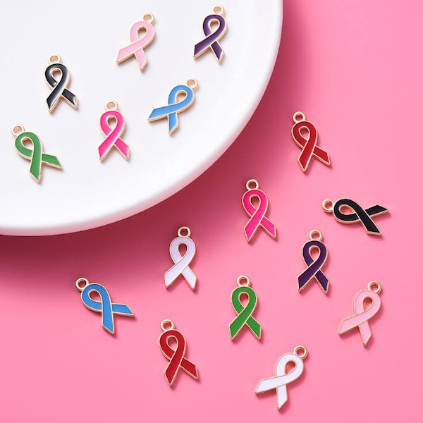 1, 5 Pc. Cancer Awareness Pink Ribbon Enamel Charms, Breast Cancer Charm, Lung Cancer, Pancreatic Cancer, Liver Cancer, Melanoma B2519-B2526