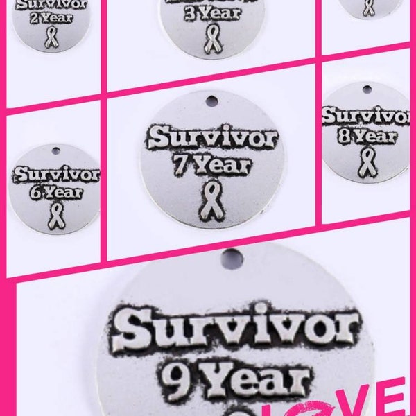 1 Or 4 Pcs. Survivor 1 Thur 10 Years Embossed Charms, Cancer Survivor Charms, W Ribbon, Alloy Antique Silver Metal B2627-B2636