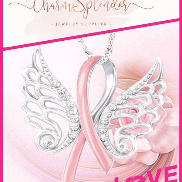 1 Pc. Rhinestone Angel Wings Enamel Pink Ribbon Charm Necklace | October Breast Cancer Awareness Pendent Necklace | Women Gifts 173