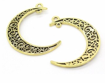Antik Gold Halbmond Verbinder Charms: Filigrane Anhänger (30 x 41 mm)