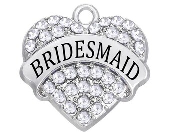 Bridesmaid Rhinestone Heart Charm: Silver Alloy Pendant (24mm)