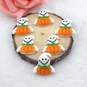 10 Pcs. Halloween Ghost W/ Pumpkin Resin Flat Backs, Flatback, Hair Bow Centers, DIY Crafts D20