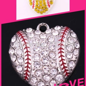1 Pc. Heart Baseball Charms, Heart Yellow Softball Pave Rhinestone Charms, Pendants, Softball Pave Rhinestone Charms, Pendants, 2083 2084