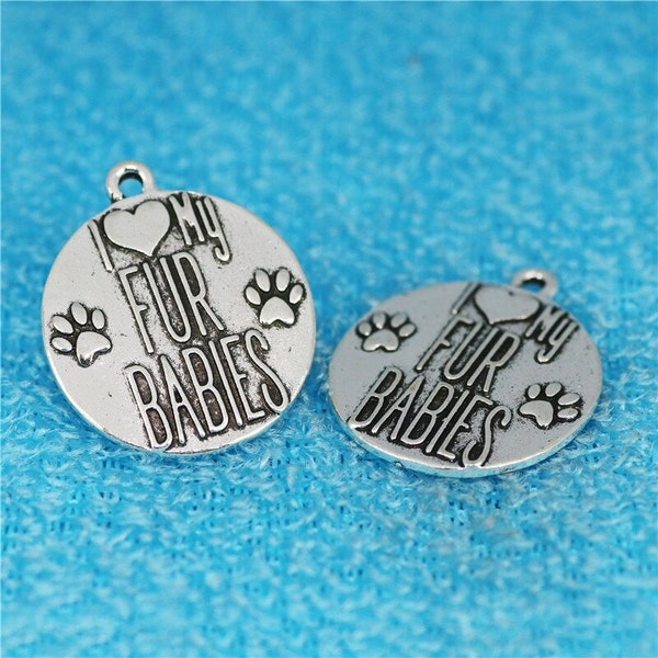1 Pc or 4 Pcs. Embossed Charms, I Love My Fur Babies, W/ Paw Prints, Dog Charms, Animal, Pet Lovers Charms, Alloy Antique Silver Metal B1879