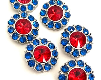 Red and Blue Rhinestone Buttons: Acrylic Silver-Tone Shank (10 pc)