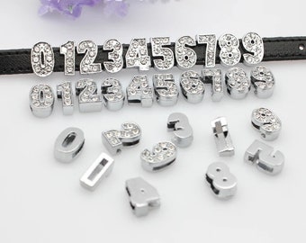 Dijes deslizantes con números de diamantes de imitación: aleación de plata, 10 mm DIY