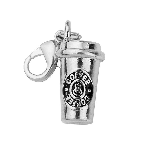 1 Pc. Coffee Travel Mug Charm W/ Lobster Claw Clasp, Coffee Charms, Java Charms, Zinc Alloy, Antique Silver Charm, B1885