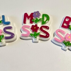 May include: Three white plastic flower-shaped ornaments with the words "LOL SIS", "MOD SIS", and "BIG SIS" in colorful letters.