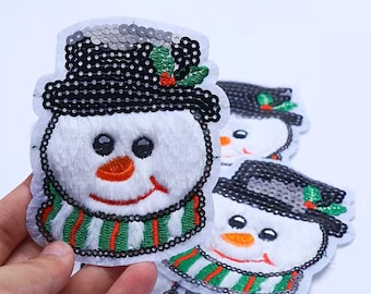 Sequin Embroidered Snowman Iron-On Patch, Christmas Holiday Applique (1 pc.)
