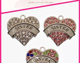 Sister Heart Charm: Rhinestone Pendant, Alloy Jewelry (24mm)