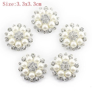 2/5/10 Pcs Bridal White Faux Pearl Flower Buttons | Embellishments For Crafts | Shank Clear Rhinestone Buttons | Bridal Bouquet Buttons