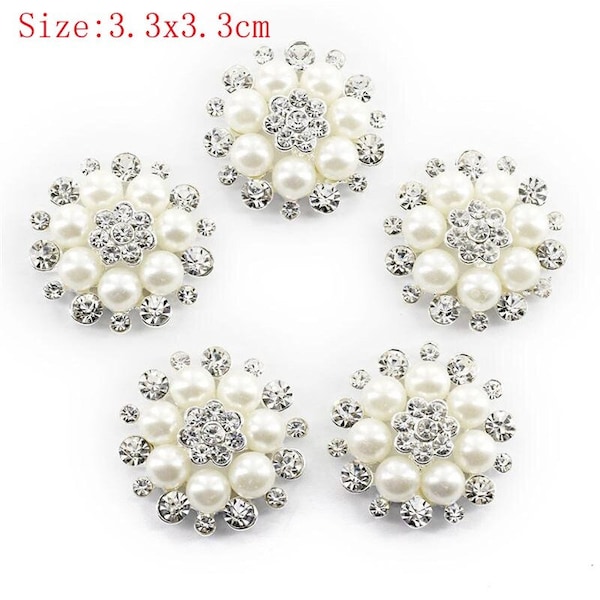 2/5/10 Pcs Bridal White Faux Pearl Flower Buttons | Embellishments For Crafts | Shank Clear Rhinestone Buttons | Bridal Bouquet Buttons