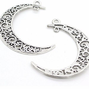 6 Pcs or 20 Pcs Large Crescent Moon Connector Charms, Pendants, Filigree Hollow Moon Connectors, Antique Silver, Decorative Double Hoop