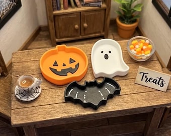 Miniature Dollhouse Pumpkin, Ghost, Bat Serving Dishes: 3 Pc. Set Candy Trays, 0230