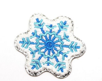 Chenille Snowflake Patch: Blue Embroidered Applique with Silver Glitter (3.5")
