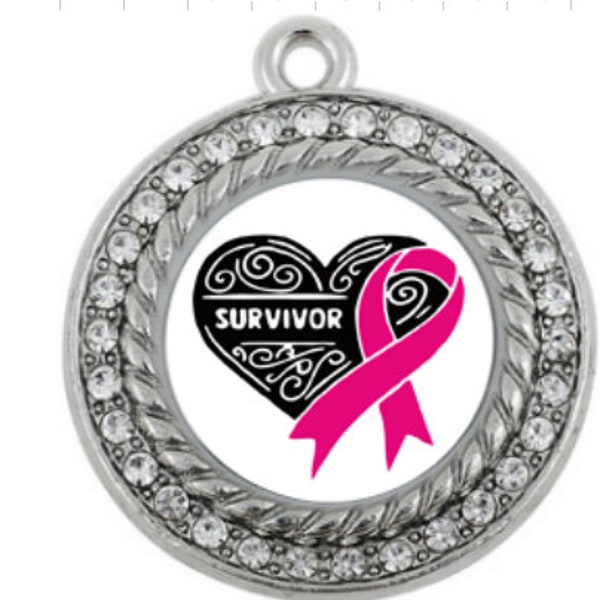 1 Pc. Rhinestone Breast Cancer Survivor Awareness Charm, w/ Pink Ribbon, Breast Cancer Awareness Charms, Pendants B2278