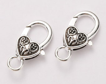 5 Antique Silver Heart Lobster Clasps: Large Zinc Alloy (12mm x 27mm)  1890