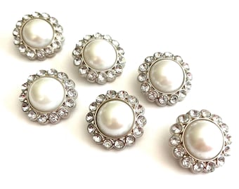 White Pearl w/Clear Rhinestone Acrylic Buttons | Wedding Buttons | Flower & Bow Center Embellishment 3185-09P 10 Pcs.