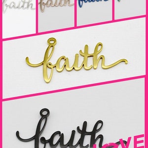 May include: Five different colored metal charms with the word "faith" written in a cursive script. The charms are shown on a white background. The bottom charm is black and has the words "LOVE STORY" written below it.
