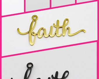 Faith Word Script Stainless Steel Charm: Religious Pendant (46mm x 24mm)