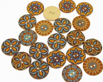 20 Pcs Boho Wood Buttons: Colorful Floral 25mm, 3016