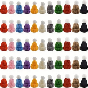 May include: A collection of miniature knit hats in various colors, including red, pink, blue, purple, yellow, white, gray, green, brown, and black. Each hat features a white pom-pom on top. The hats are arranged in neat rows.