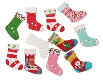 Christmas Stocking Wood Buttons: Mixed Colors, DIY Crafting (20 Pcs)