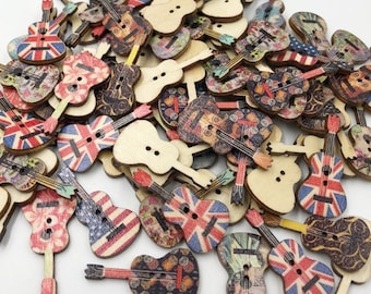 May include: A collection of wooden guitar-shaped buttons with various colorful designs, including floral patterns, skulls, and the Union Jack flag.