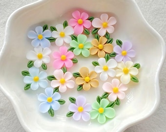 Mini Flower Cabochons: Pastel Flower w/ Leaves Resin Flatbacks, (Lot of 10) 13mm.  0211