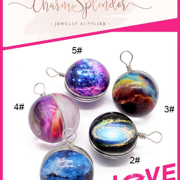 2 Galaxy Nebula Charms, Wire Wrapped Glass Ball, Space Pendant, Double Sided, Planet Nebula Charms, Celestial Charms, 20x28mm B204-B208