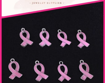 Pink Enamel Ribbon Charms: Breast Cancer Awareness, Silver Alloy (5 Pcs)
