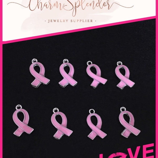 5 Pcs. October Breast Awareness | Pink Enamel Ribbon Charms | Breast Cancer Charms | Fund Raiser Charms | Silver Alloy Metal | 3970