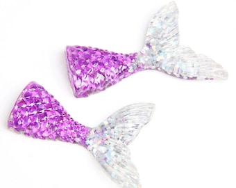 5 Purple Glitter Mermaid Fishtail Resin Flatbacks: DIY Craft Supplies (42mm)