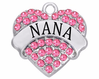 Nana Rhinestone Heart Charm: Grandma Jewelry Pendant (24mm)