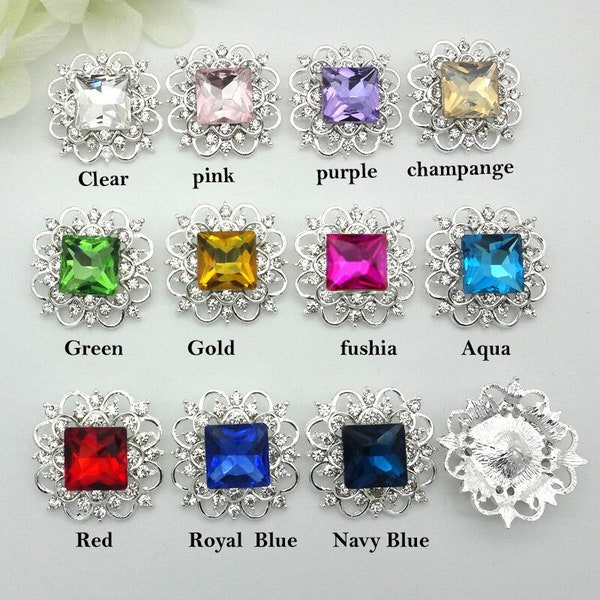 Large Glass Rhinestone Square Metal Buttons, 33MM Buttons, Wedding Bouquet Buttons, Garter Belt Buttons, Hair Bow Buttons,