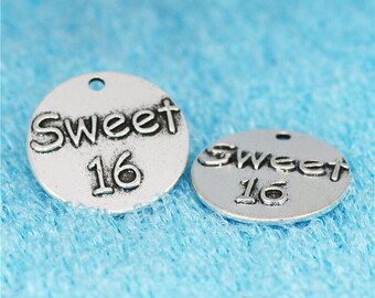 4 Antique Silver Sweet 16 Charms: Embossed Alloy Pendants (25mm)