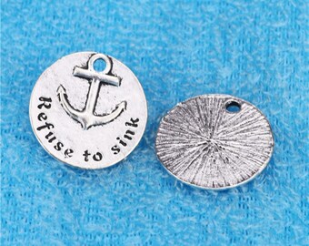 4 Antique Silver Anchor Charms: Refuse To Sink Pendants (25mm)