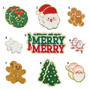 May include: A collection of Christmas-themed fabric patches. The patches include wreaths, Santa faces, gingerbread people, snowflakes, Christmas trees, and the words "MERRY MERRY". Each patch has a gold trim.