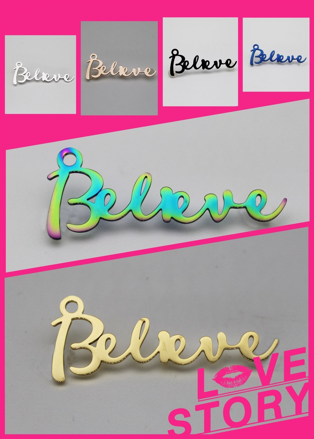 Believe Stainless Steel Word Charm: Script Pendant (18mm X 45mm) - Etsy
