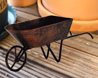 Miniature Rustic Wheelbarrow: doll mini garden decor, greenhouse essentials, diorama, shadowbox, cake topper.