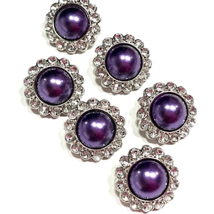 Dark Purple Pearl w/Clear Rhinestone Acrylic Buttons | Wedding Buttons | Flower & Bow Center Embellishment 3185-55P